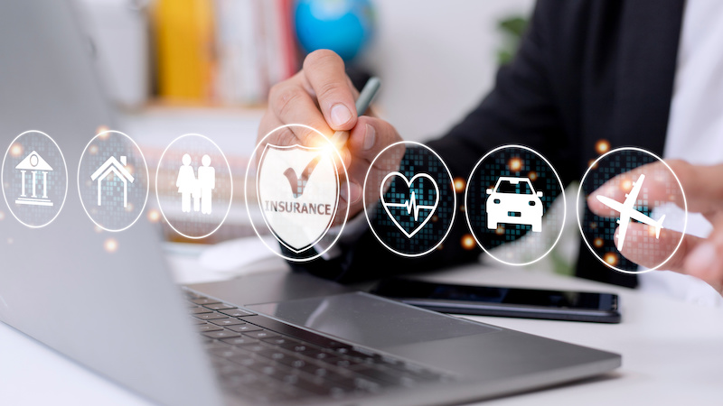 Online insurance on virtual screen. Life, car, property, health and family.