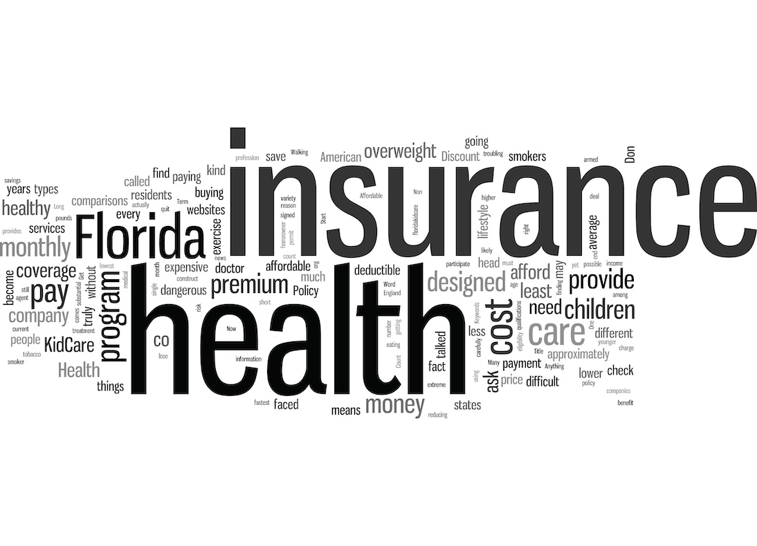 Various words in black text on a white background. The words are all related to health insurance in Florida, with the three largest words being "Florida" "insurance" and "health"