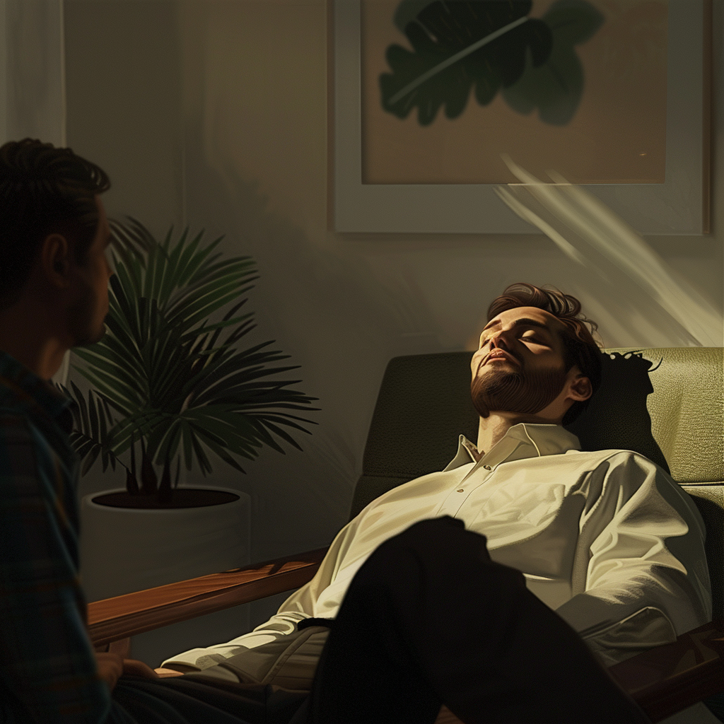 An animated description of a man lying down on a psychologist's coach while receiving therapy. His eyes are closed, he looks calm.