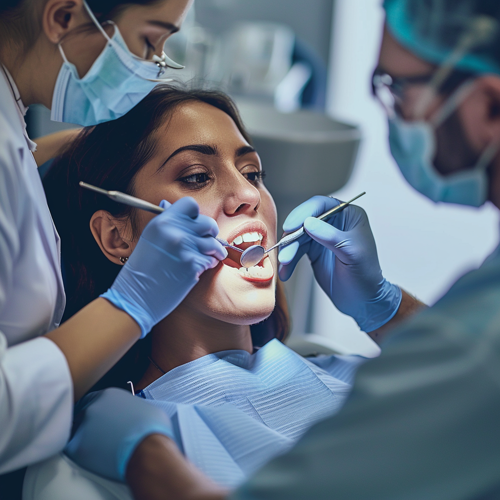 A woman at a dental check-up. She is sitting in the dentist's chair, her mouth is open as the dentist and their assistant are inspecting the inside of her mouth using dental tools.